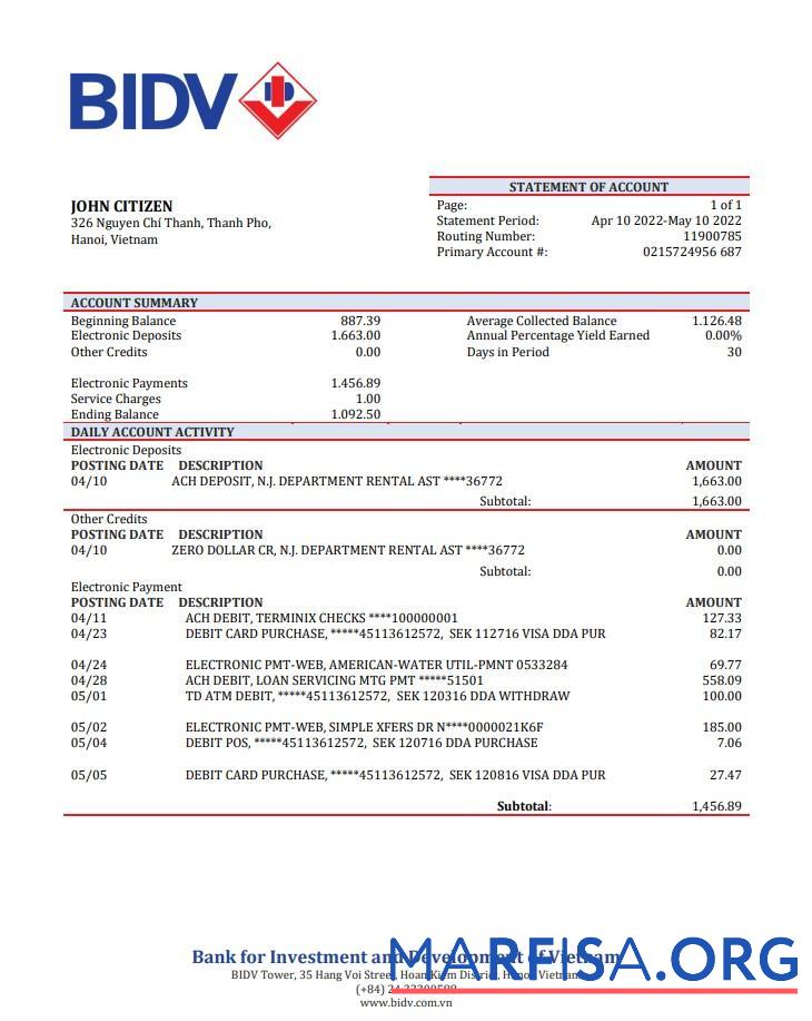 Downloadable Vietnam BIDV bank statement word example